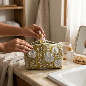 Olive Green Quilted Toiletry Bag Set showing the nested 3-piece handmade travel pouch bundle with the traditional green floral hand block print design and secure zipper tracks.