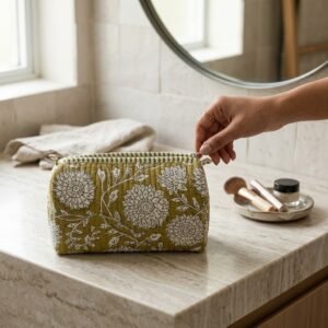Olive Green Quilted Toiletry Bag Set showing the nested 3-piece handmade travel pouch bundle with the traditional green floral hand block print design and secure zipper tracks.