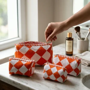 Orange Diamond Quilted Makeup Bag Set showing the 3 nested sizes with the handcrafted geometric block print pattern and metallic zipper detailing.