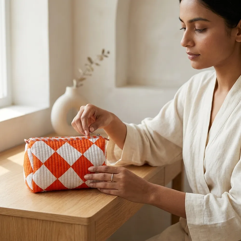 Close-up of the handcrafted orange diamond geometric print detailing, dense quilted stitching texture lines, robust zipper attachment, and clean water-resistant lining on the cotton cosmetic pouch.