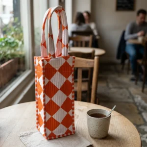 Close-up of the handcrafted orange geometric diamond block print detailing, dense quilted tracking lines, and reinforced handle base joints on the cotton wine holder.