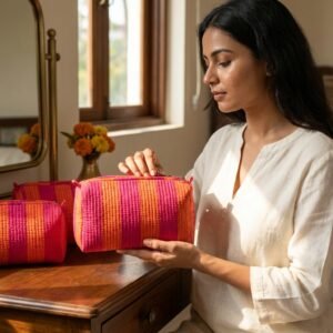 Orange Pink Striped Quilted Toiletry Bag Set showing the nested 3-piece handmade travel pouch bundle with the traditional orange and pink linear pattern design and secure zipper tracks.