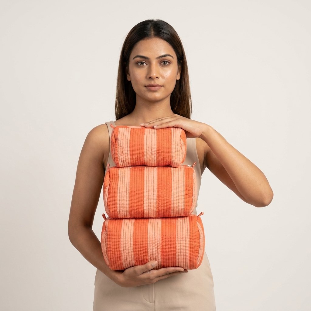 A traveler arranging the three pieces of the Orange Striped Quilted Toiletry Bag Set on a modern bathroom vanity counter, displaying the large, medium, and small sizes filled with cosmetic brushes and skincare bottles.