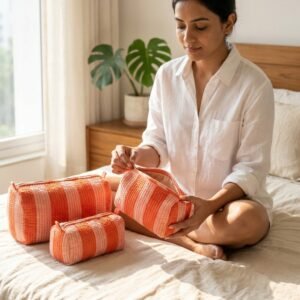 Orange Striped Quilted Toiletry Bag Set showing the nested 3-piece handmade travel pouch bundle with the traditional orange linear pattern design and secure zipper tracks.