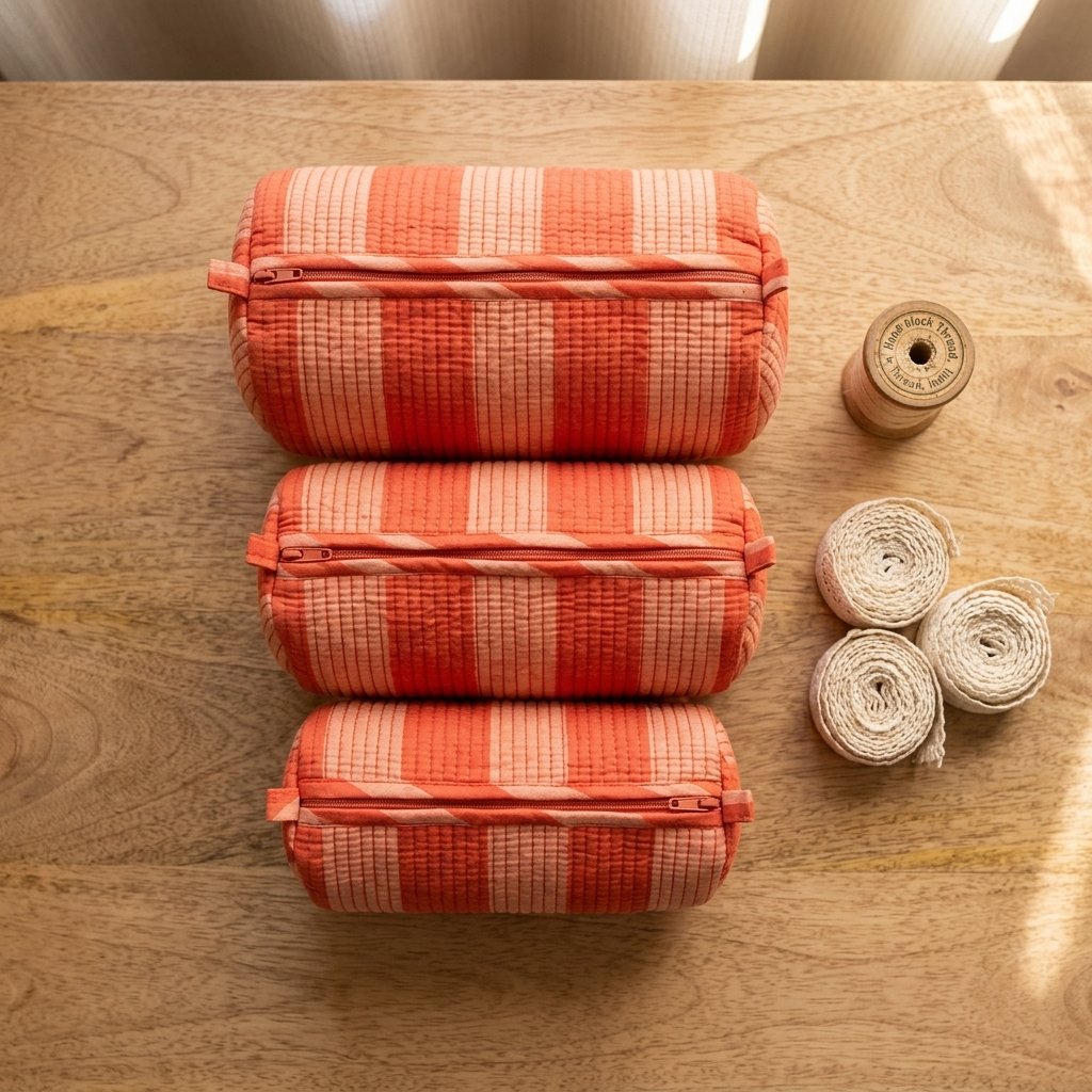 Close-up of the largest case in the Orange Striped Quilted Toiletry Bag Set opened to reveal the clean protective interior lining, smooth zipper track, and soft quilted horizontal stitching texture.