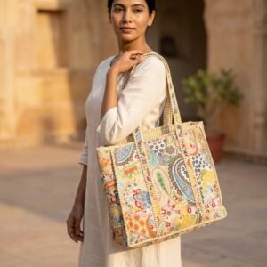 Paisley Quilted Tote Bag showing the traditional hand block print artisan design with the spacious 18x18 main compartment opening and reinforced double padded shoulder handles.