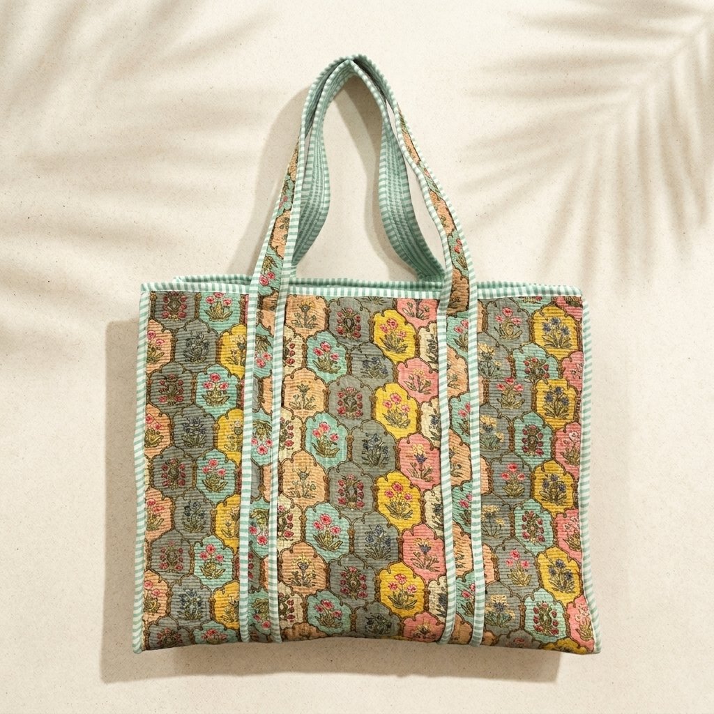Close-up of the handcrafted pastel botanical print detailing, dense quilted stitching texture lines, robust handle strap attachments, and clean inner layout on an Indian cotton travel purse.