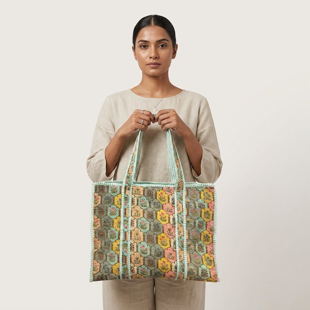 A shopper carrying the Pastel Floral Quilted Tote Bag by the wide straps, showcasing its generous packing capacity and elegant large shoulder handbag style at an outdoor farmers market.