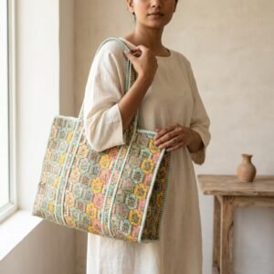 Pastel Floral Quilted Tote Bag showing the traditional hand block print artisan design with the spacious 18x18 main compartment opening and reinforced double padded shoulder handles.