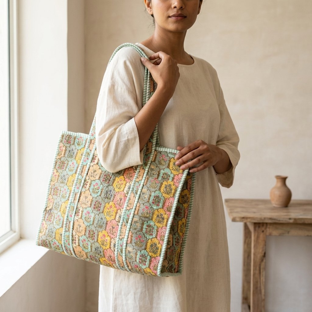 Pastel Floral Quilted Tote Bag showing the traditional hand block print artisan design with the spacious 18x18 main compartment opening and reinforced double padded shoulder handles.