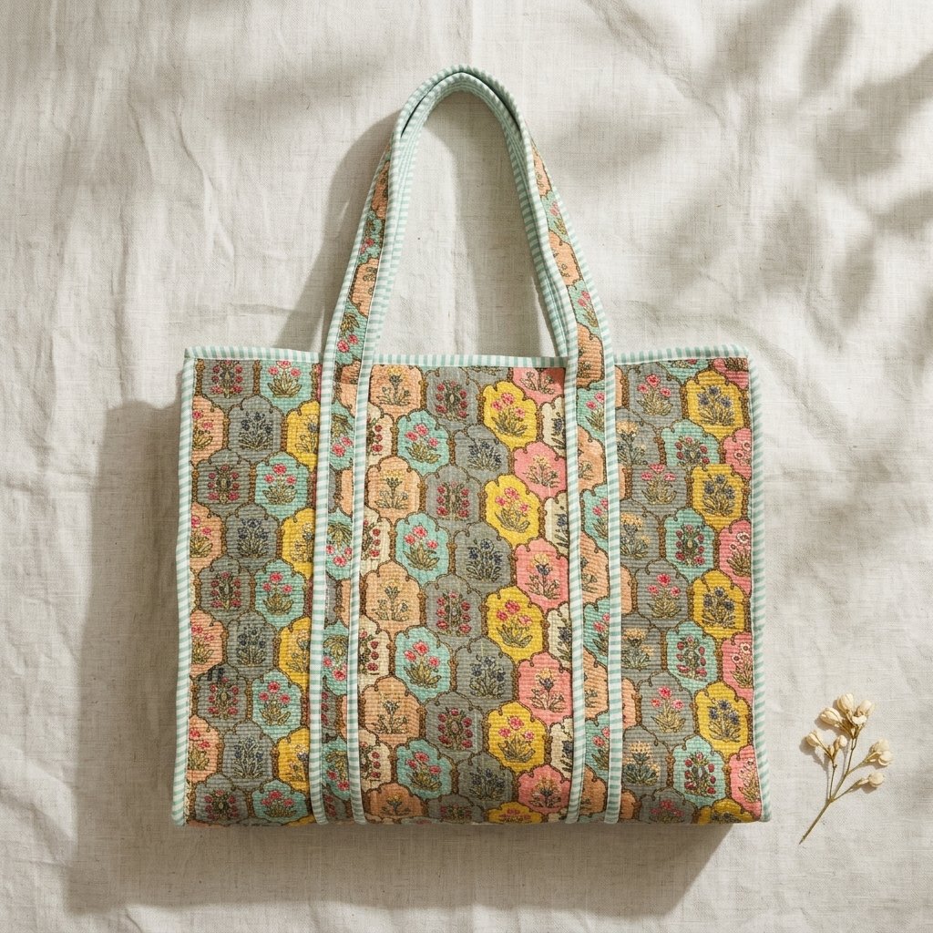 Close-up of the handcrafted pastel botanical print detailing, dense quilted stitching texture lines, robust handle strap attachments, and clean inner layout on an Indian cotton travel purse.