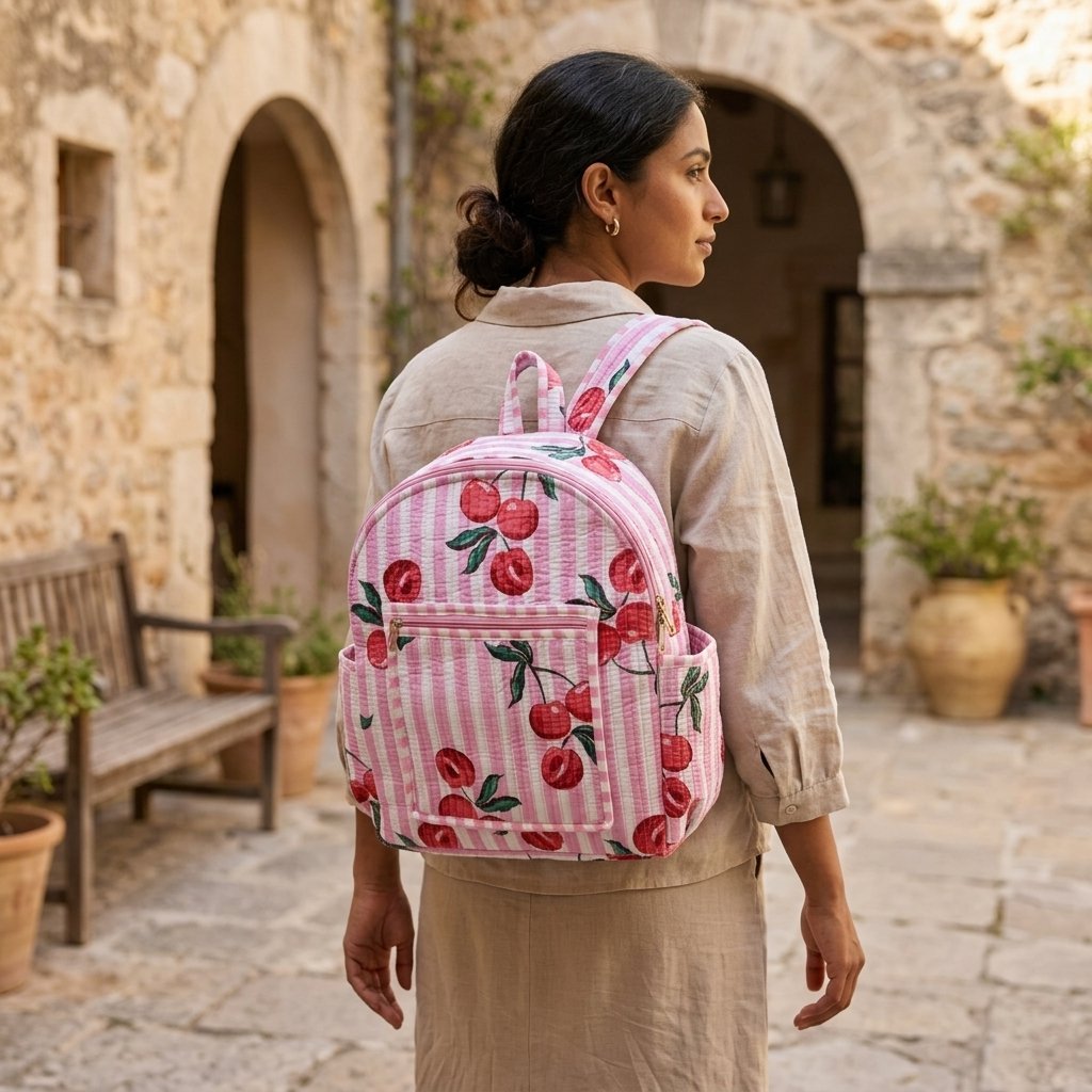Close-up of the handcrafted pink cherry botanical print detailing, dense quilted stitching texture lines, robust adjustable shoulder straps, and spacious open interior layout on an Indian cotton travel daypack.