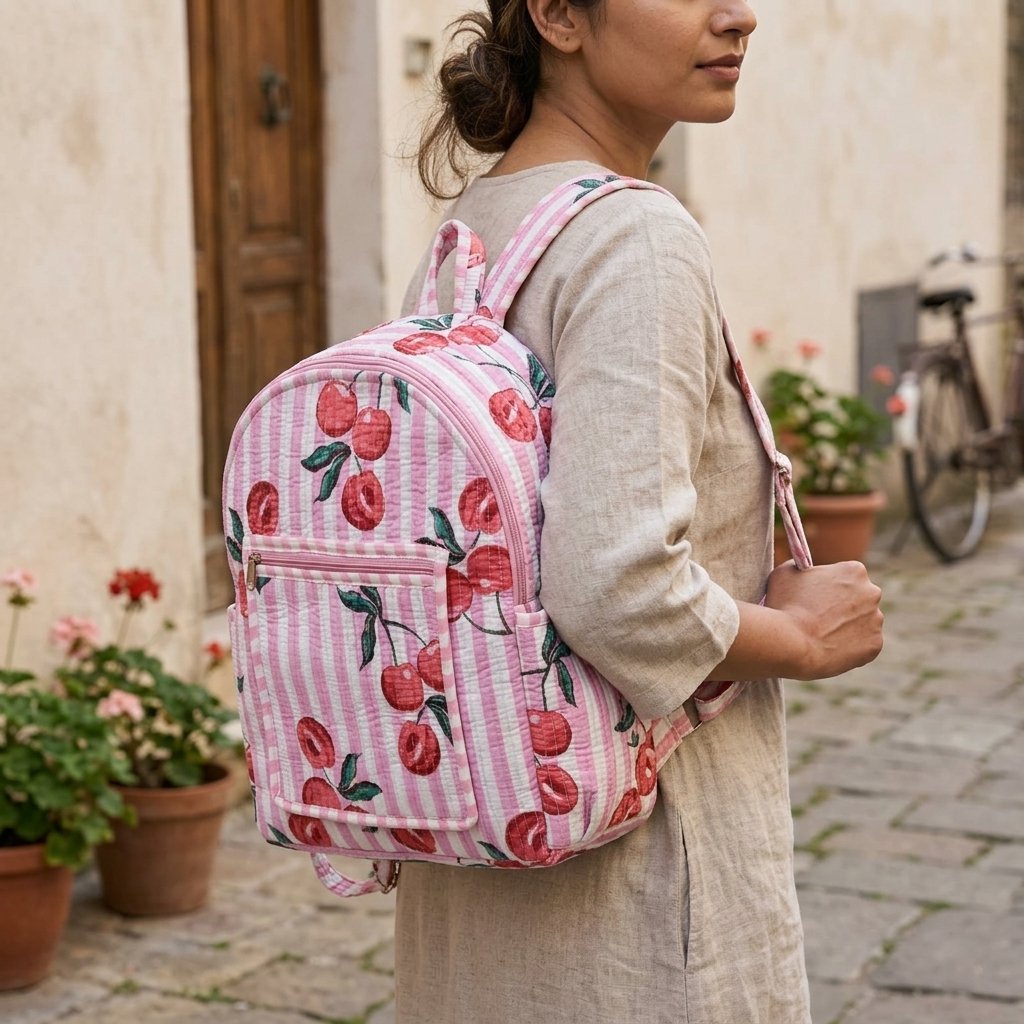 A traveler wearing the Pink Cherry Quilted Backpack Bag by the adjustable straps, showcasing its comfortable custom fit and elegant patterned everyday shoulder bookbag style during a city commute.