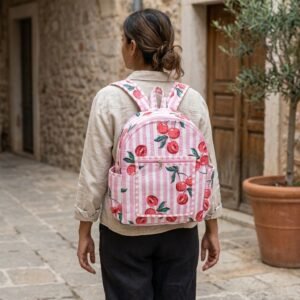 Pink Cherry Quilted Backpack Bag showing the traditional rosy block print artisan design with the spacious front compartment closed, secure zipper tracks, and reinforced top handle loop.