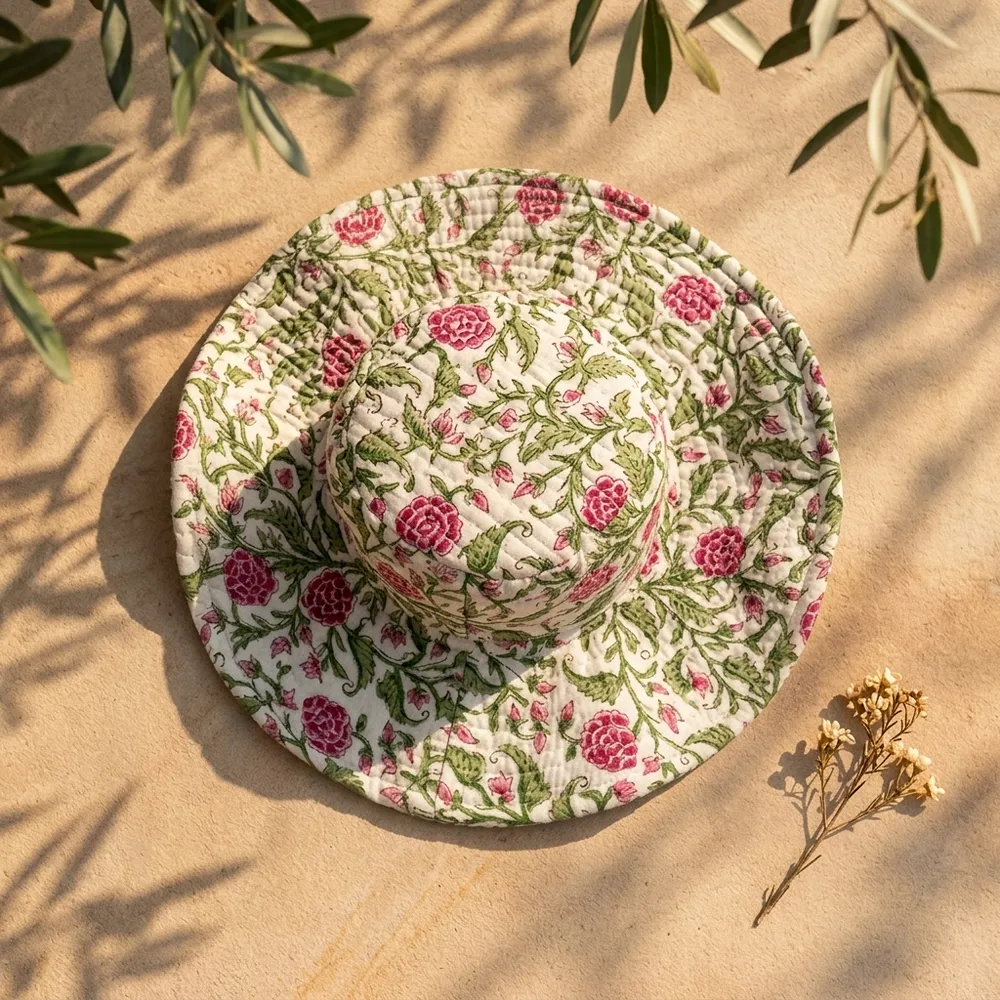 Close-up of the handcrafted pink floral print detailing, dense quilted tracking stitching lines, and neat edge trim on the reversible side of the summer travel headwear.