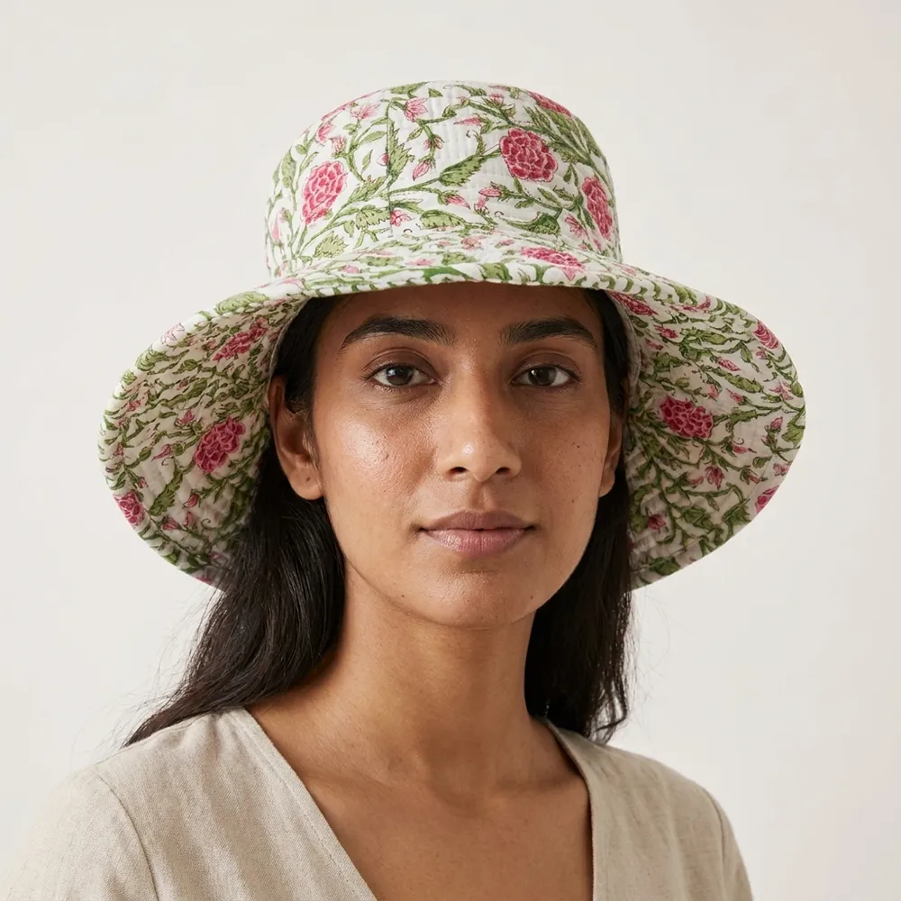 Pink Floral Quilted Cotton Sun Hat showing the wide brim bucket cap frame with the handcrafted blush botanical block print detailing.