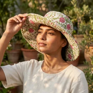 Pink Floral Quilted Cotton Sun Hat showing the wide brim bucket cap frame with the handcrafted blush botanical block print detailing.