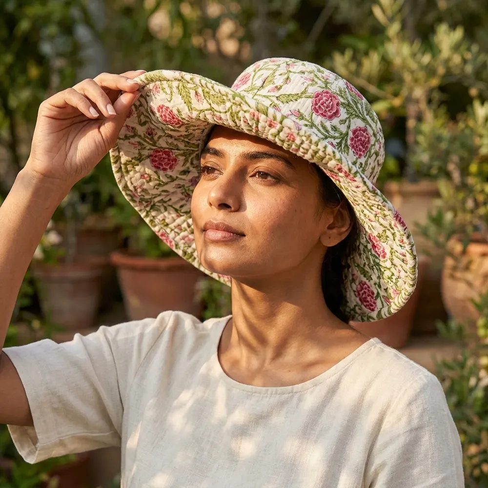 Pink Floral Quilted Cotton Sun Hat showing the wide brim bucket cap frame with the handcrafted blush botanical block print detailing.