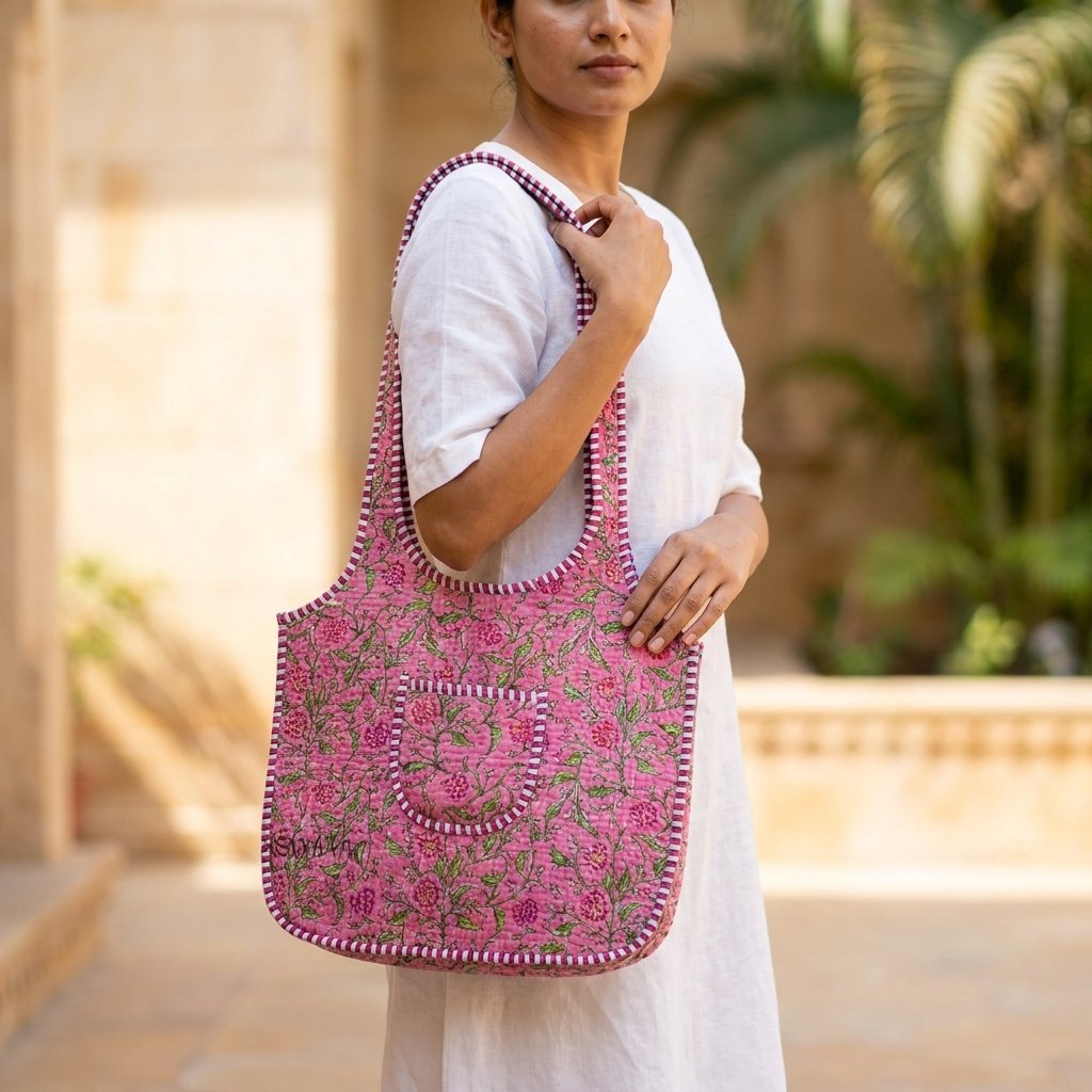 A shopper carrying the Pink Floral Quilted Shoulder Tote Bag by the wide straps, showcasing its generous packing capacity and elegant scoop handbag style at an outdoor farmers market.