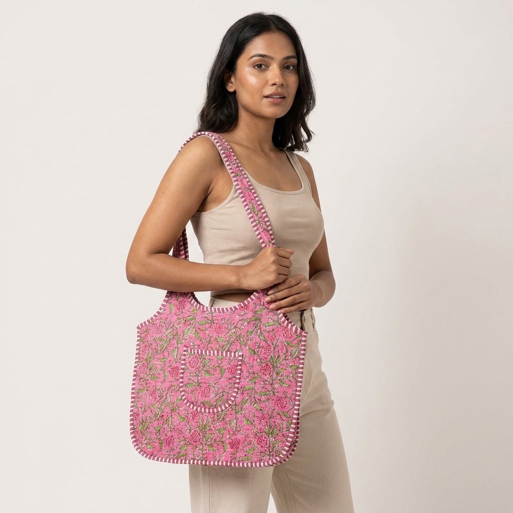 Pink Floral Quilted Shoulder Tote Bag showing the traditional hand block print artisan design with the spacious scoop main compartment opening and reinforced double padded shoulder handles.