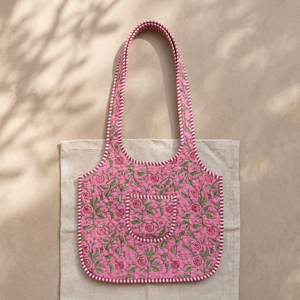 Close-up of the handcrafted pink botanical print detailing, dense quilted stitching texture lines, robust handle strap attachments, and clean inner layout on an Indian cotton market purse.