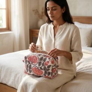 Pink Floral Quilted Toiletry Bag Set showing the nested 3-piece handmade travel pouch bundle with the traditional floral hand block print design and secure zipper tracks.