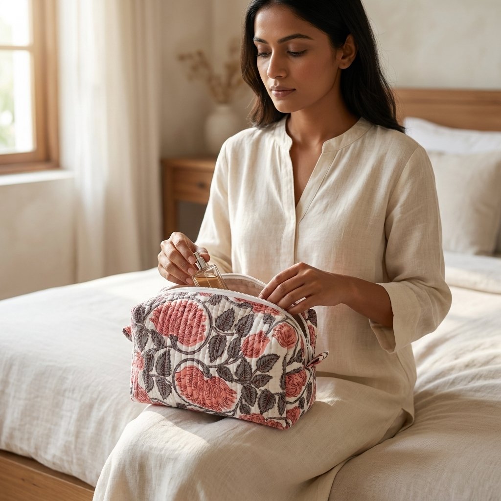 Pink Floral Quilted Toiletry Bag Set showing the nested 3-piece handmade travel pouch bundle with the traditional floral hand block print design and secure zipper tracks.