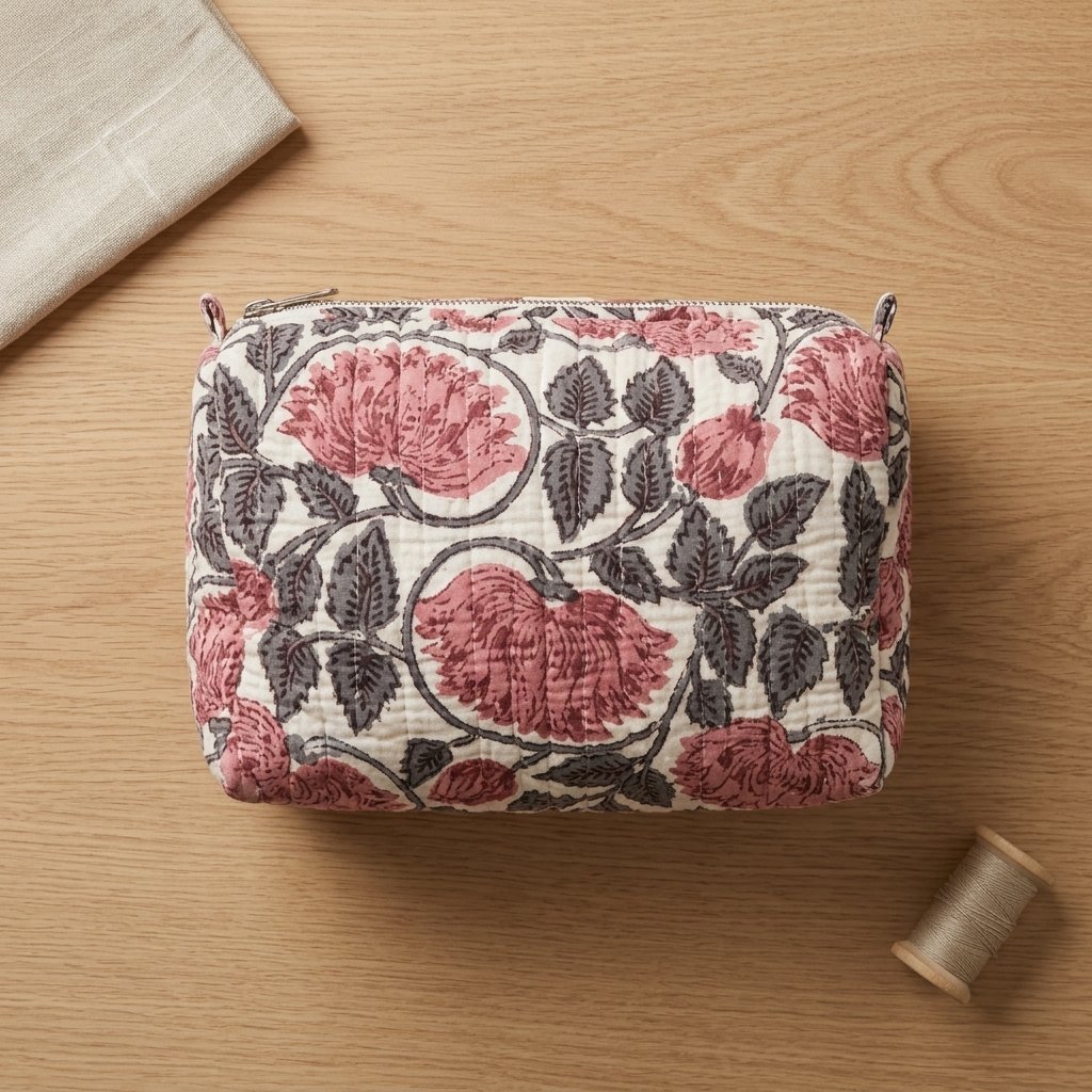 Close-up of the largest case in the Pink Floral Quilted Toiletry Bag Set opened to reveal the clean protective interior lining, smooth zipper track, and soft quilted horizontal stitching texture.