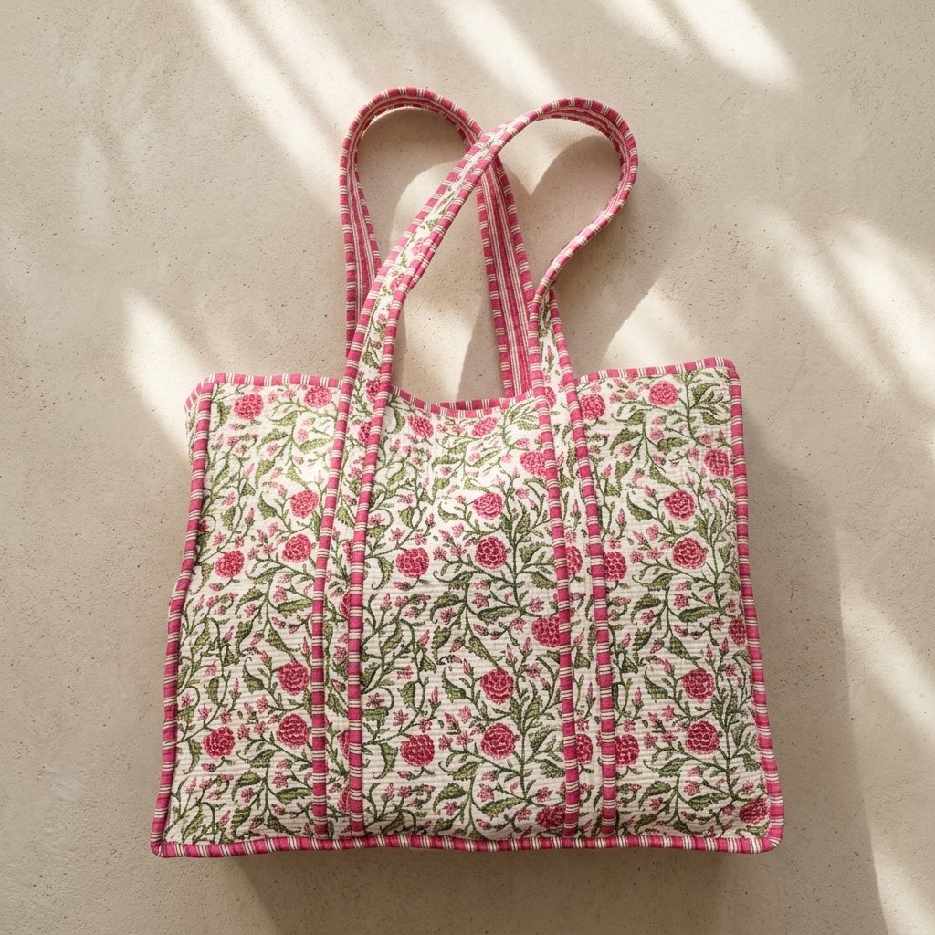 Close-up of the handcrafted pink botanical print detailing, dense quilted stitching texture lines, robust handle strap attachments, and clean inner layout on an Indian cotton travel purse.