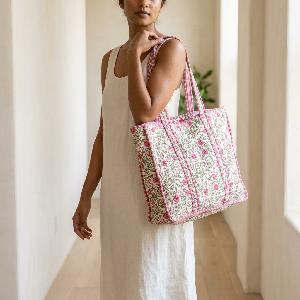 Pink Floral Quilted Tote Bag showing the traditional hand block print artisan design with the spacious 18x18 main compartment opening and reinforced double padded shoulder handles.