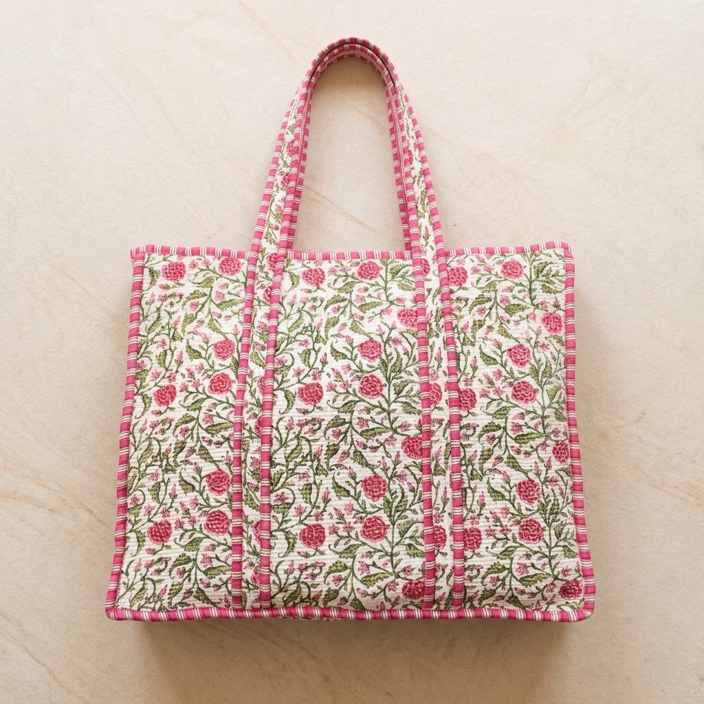 Close-up of the handcrafted pink botanical print detailing, dense quilted stitching texture lines, robust handle strap attachments, and clean inner layout on an Indian cotton travel purse.