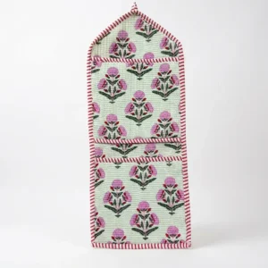 Close-up of the handcrafted pink botanical print detailing, dense quilted stitching texture lines, robust pocket seam attachments, and clean pocket opening on the cotton pocket storage.
