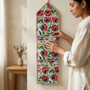 Pink Floral Quilted Wall Hanging Organizer displaying the multi-pocket vertical sorting slots with the traditional blush floral print artisan design hung securely on an entryway wall.