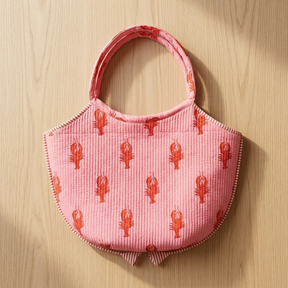 Close-up of the handcrafted pink coastal lobster print detailing, dense quilted tracking lines, clean magnetic snap button, and interior slip pocket on the cotton handbag.