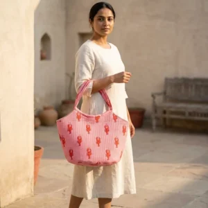 Pink Lobster Quilted Shoulder Tote Bag showing the wide open-top beach purse design with the handcrafted pink lobster block print design and comfortable shoulder straps.