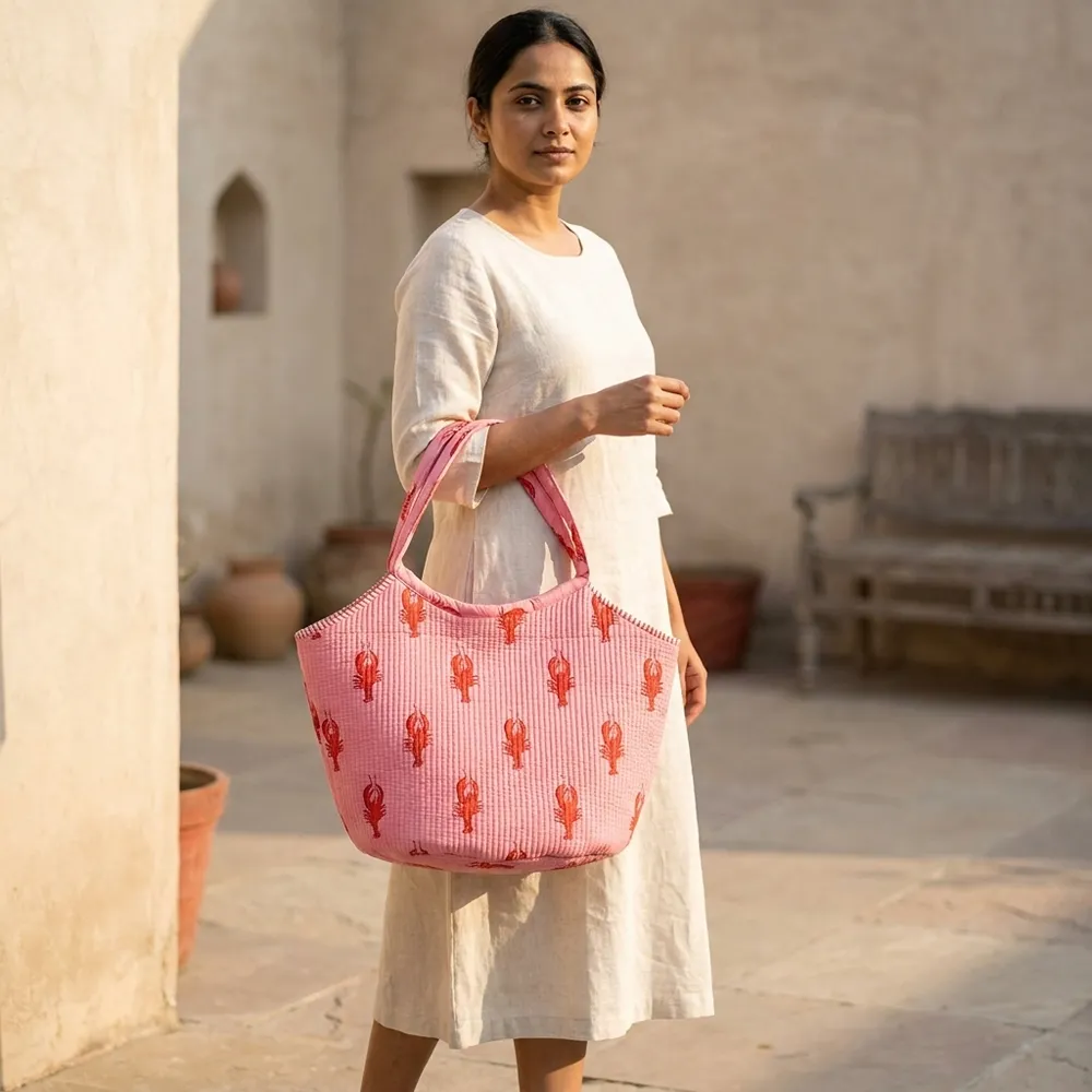Pink Lobster Quilted Shoulder Tote Bag showing the wide open-top beach purse design with the handcrafted pink lobster block print design and comfortable shoulder straps.