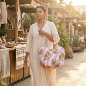 A shopper carrying the Pink Papaya Quilted Tote Bag by the wide straps, showcasing its generous packing capacity and elegant large shoulder handbag style at an outdoor farmers market.
