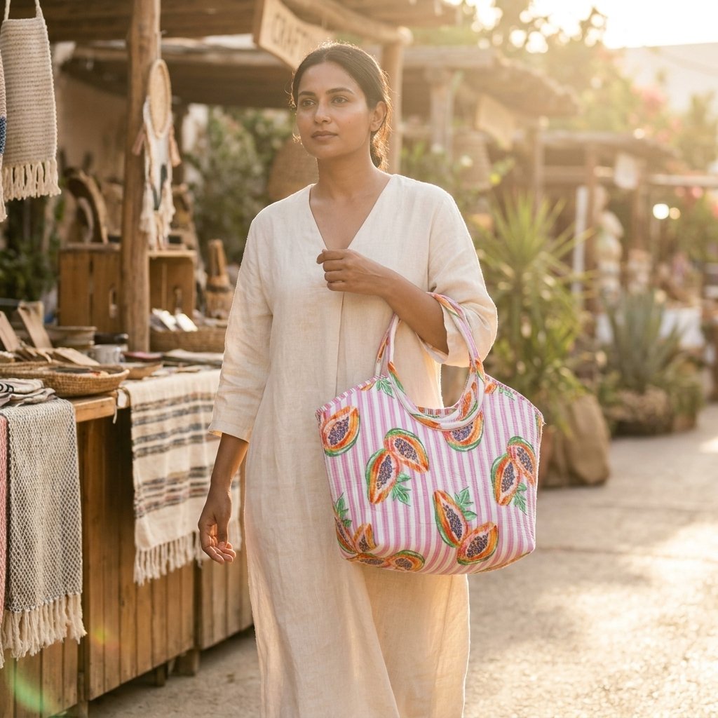 A shopper carrying the Pink Papaya Quilted Tote Bag by the wide straps, showcasing its generous packing capacity and elegant large shoulder handbag style at an outdoor farmers market.