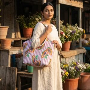 Pink Papaya Quilted Tote Bag showing the traditional hand block print artisan design with the spacious main compartment opening, 6-inch deep base gusset, and reinforced double padded shoulder handles.