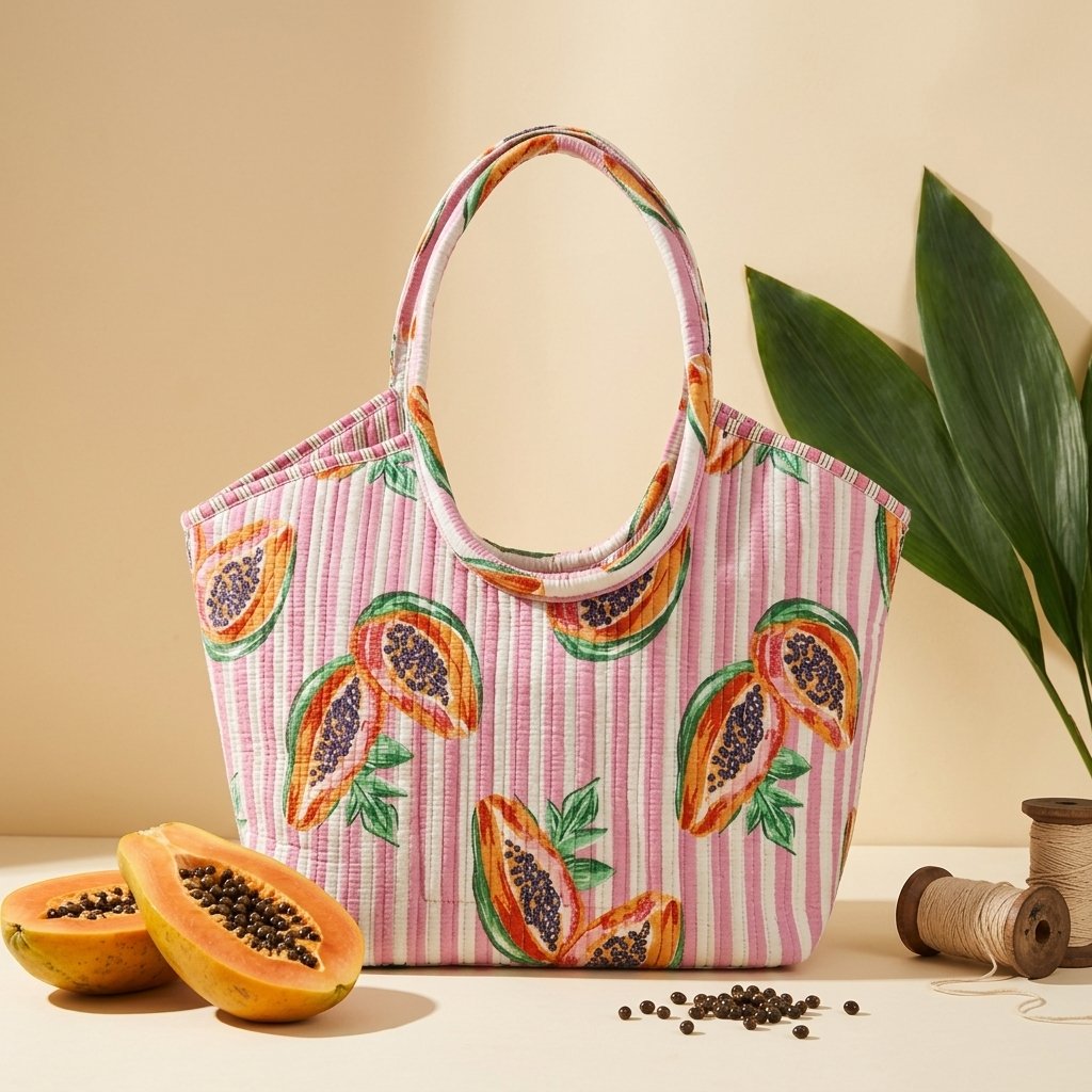 Close-up of the handcrafted papaya tropical fruit print detailing, dense quilted stitching texture lines, robust handle strap attachments, and clean inner layout on an Indian cotton travel purse.