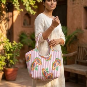Close-up of the handcrafted papaya tropical fruit print detailing, dense quilted stitching texture lines, robust handle strap attachments, and clean inner layout on an Indian cotton travel purse.