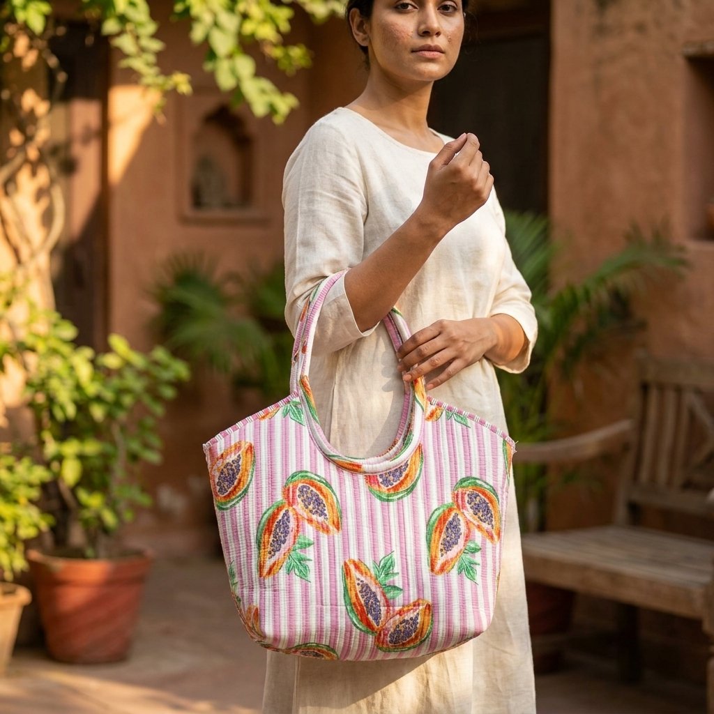Close-up of the handcrafted papaya tropical fruit print detailing, dense quilted stitching texture lines, robust handle strap attachments, and clean inner layout on an Indian cotton travel purse.