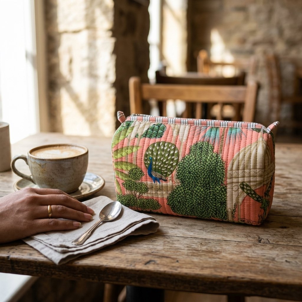 Pink Peacock Quilted Toiletry Bag Set showing the nested 3-piece handmade travel pouch bundle with the traditional bird hand block print design and secure zipper tracks.