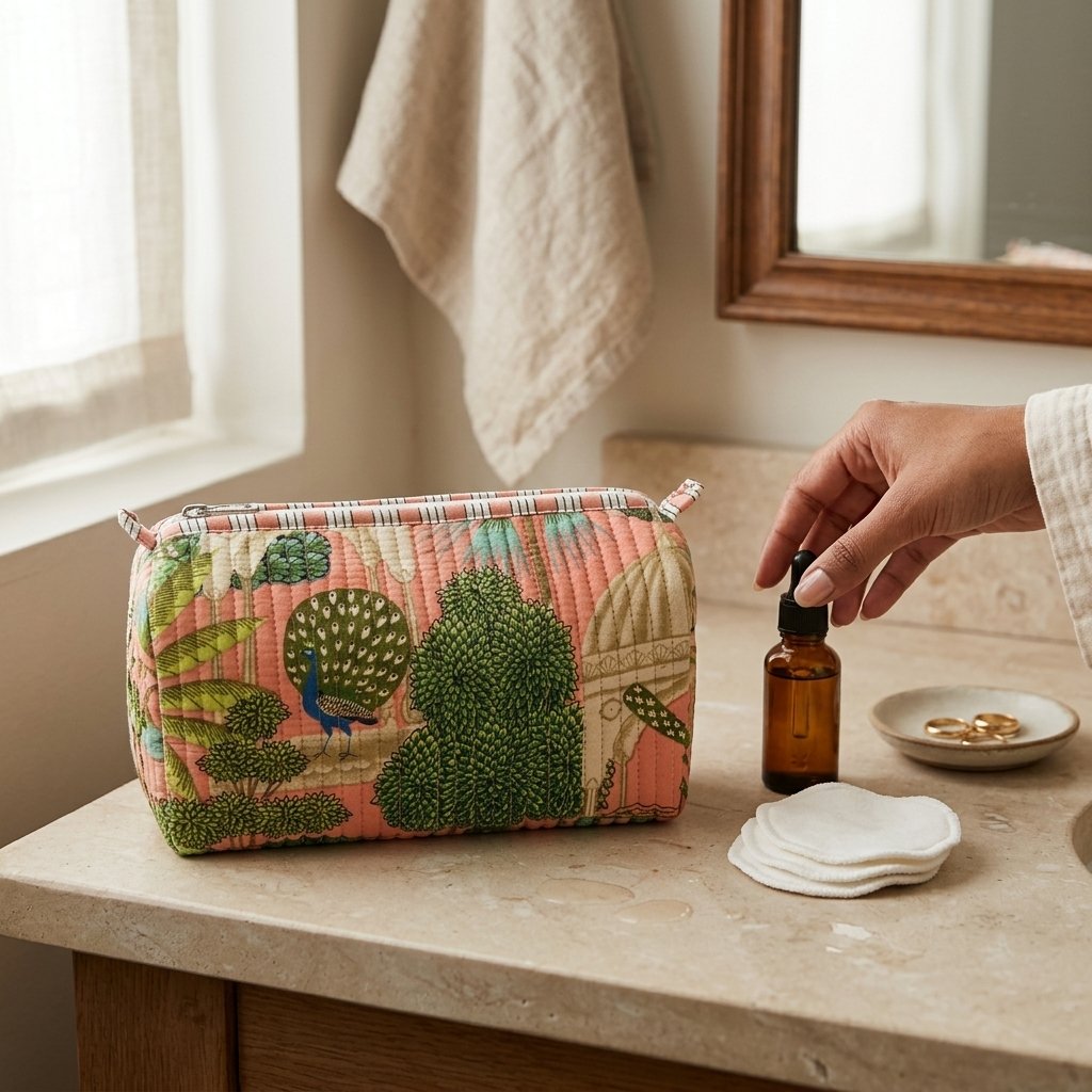 Close-up of the largest case in the Pink Peacock Quilted Toiletry Bag Set opened to reveal the clean protective interior lining, smooth zipper track, and soft quilted horizontal stitching texture.