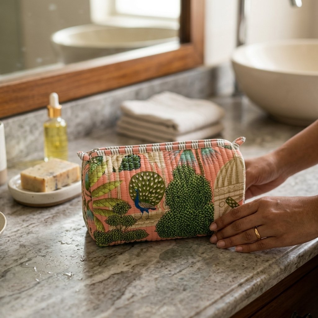 Pink Peacock Quilted Toiletry Bag Set showing the nested 3-piece handmade travel pouch bundle with the traditional bird hand block print design and secure zipper tracks.