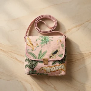 Close-up of the handcrafted pink tropical print detailing, dense quilted tracking lines, robust zipper closure, and clean seam line on the floral tropical travel handbag.