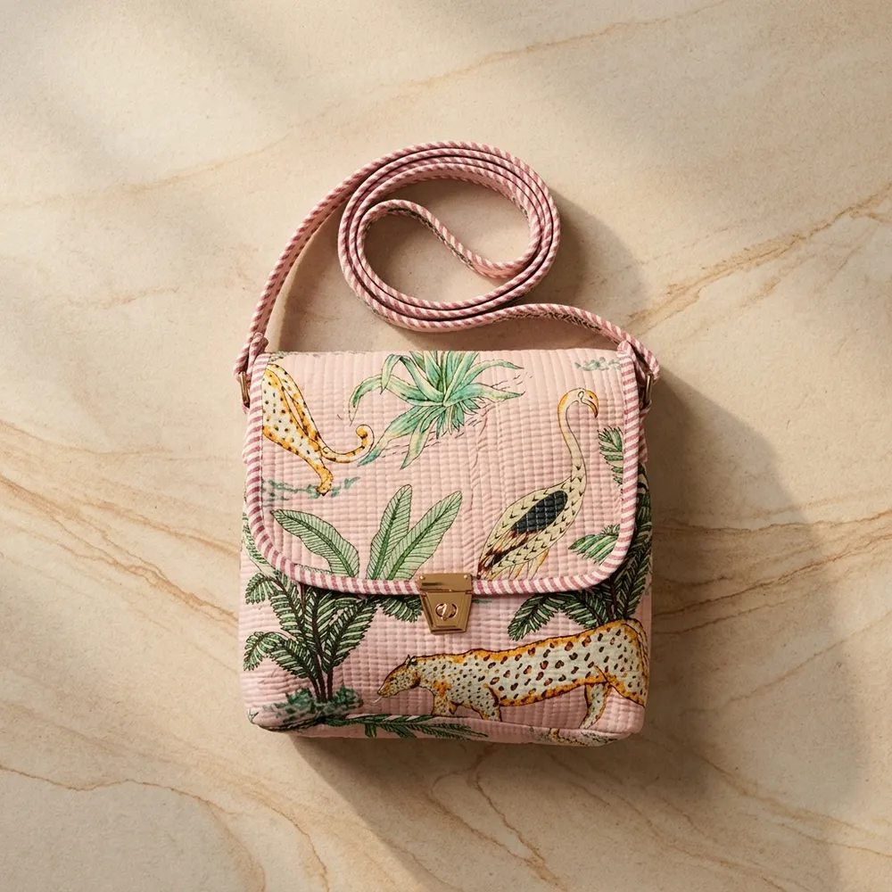 Close-up of the handcrafted pink tropical print detailing, dense quilted tracking lines, robust zipper closure, and clean seam line on the floral tropical travel handbag.