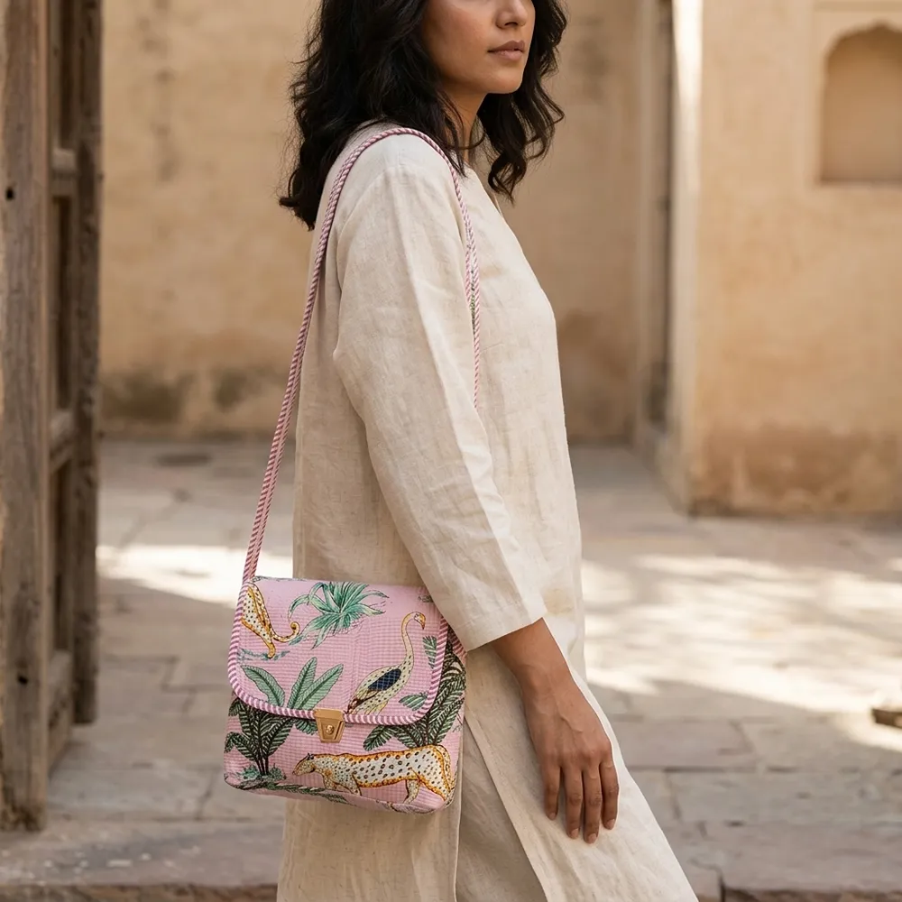 Close-up of the handcrafted pink tropical print detailing, dense quilted tracking lines, robust zipper closure, and clean seam line on the floral tropical travel handbag.