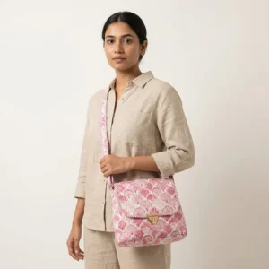 Close-up of the handcrafted pink scallop wave print detailing, dense quilted tracking lines, robust zipper closure, and clean seam line on the floral tropical travel handbag.