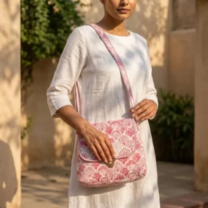 A travel scene featuring a person wearing the quilted cotton sling purse across a linen outfit, highlighting its lightweight everyday carrying convenience and bohemian style.